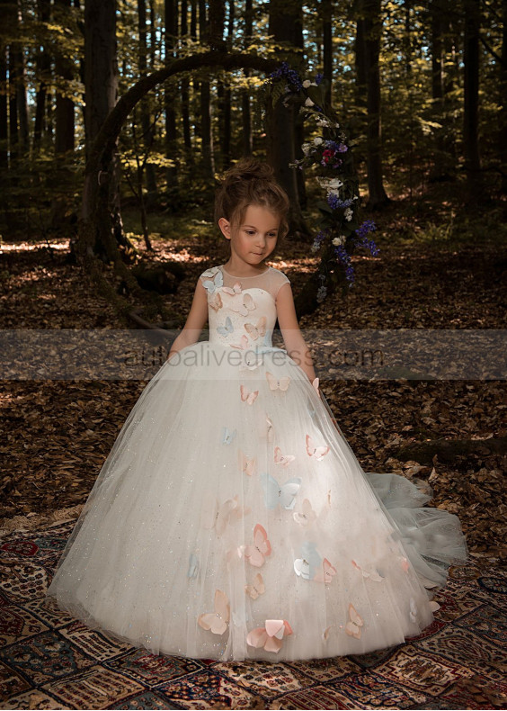 Lovely Ivory Glitter Tulle Butterfly Flower Girl Dress Lovely Ivory Glitter Tulle Butterfly Flower Girl Dress